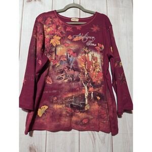 Studio Gem Womens XL Burgundy Autumn Time Rhinestone Graphic Long Sleeve Top